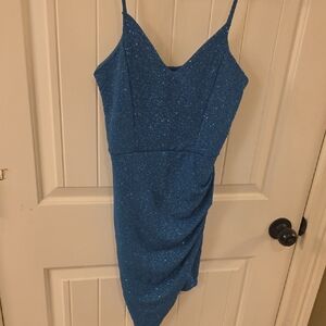 Windsor Teal-Blue Glitter Spaghetti-Strap Mini Dress